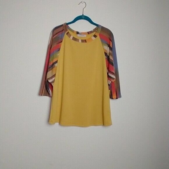 Ces'Femme Bohemian Mustard Stripe Dolman Sleeve Scoop Neck Small Blouse - Picture 4 of 10